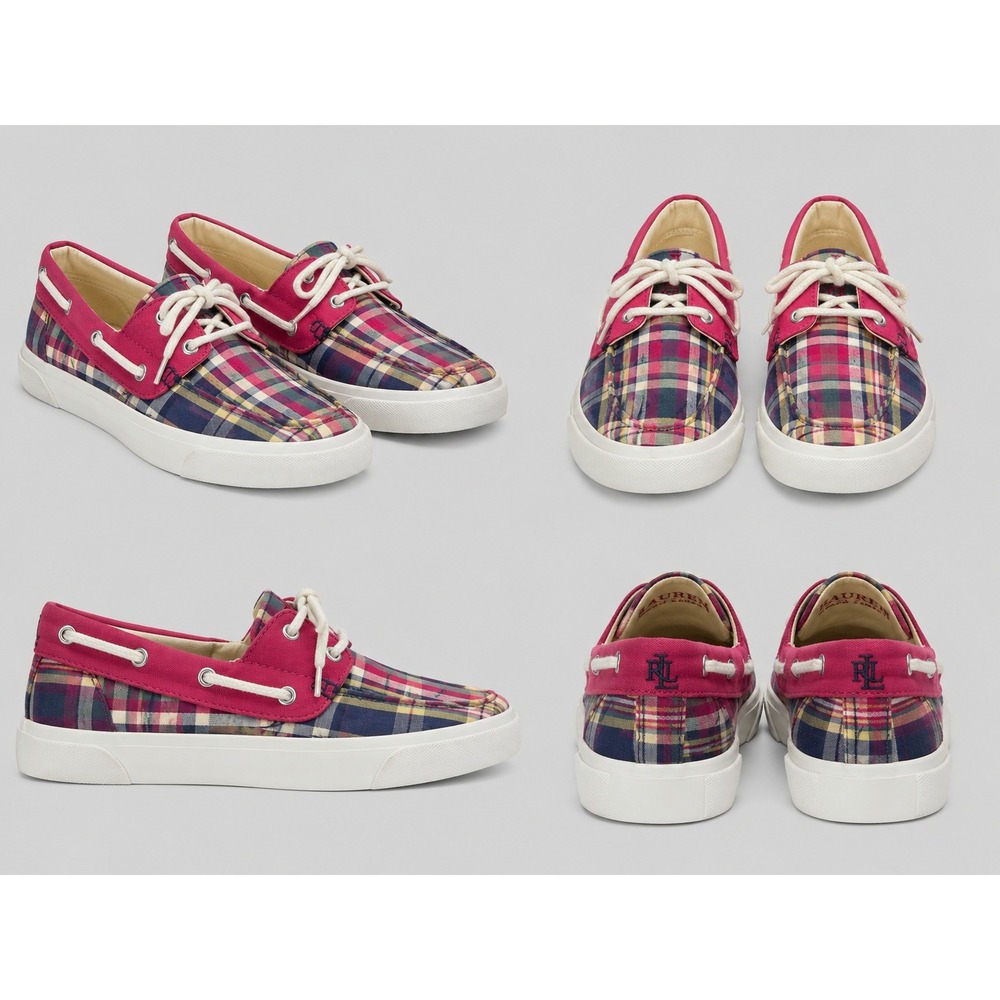 Lauren Ralph Lauren Breana 7.5B Madras Plaid Canvas Boat Shoes Pink Preppy
